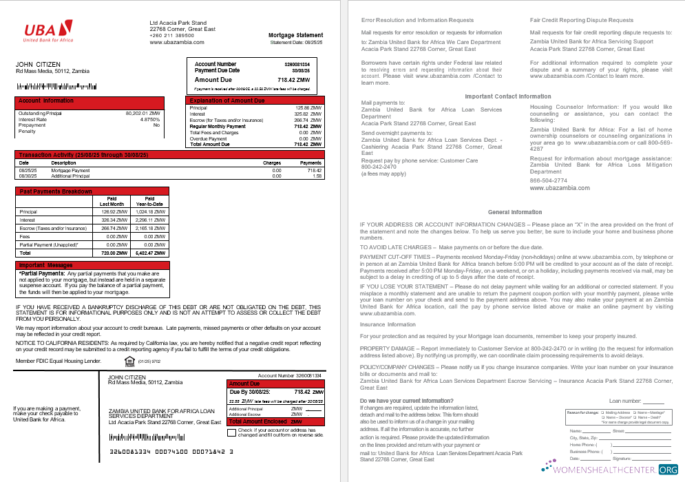 Download Zambia United Bank for Africa bank mortgage statement in Word and PDF formats Photoshop template